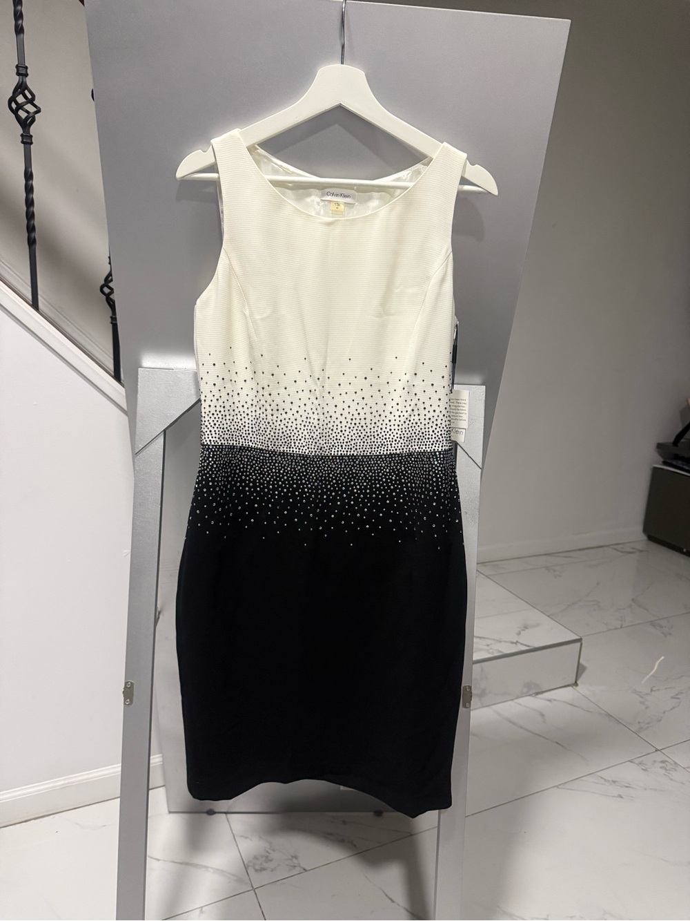Calvin Klein Black and White Sleeveless Embellished Sheath Dress